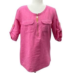Ellen Tracy Pink Linen Cotton Top S Gold Zip Tassel 3/4 Sleeve Pockets Slit Back